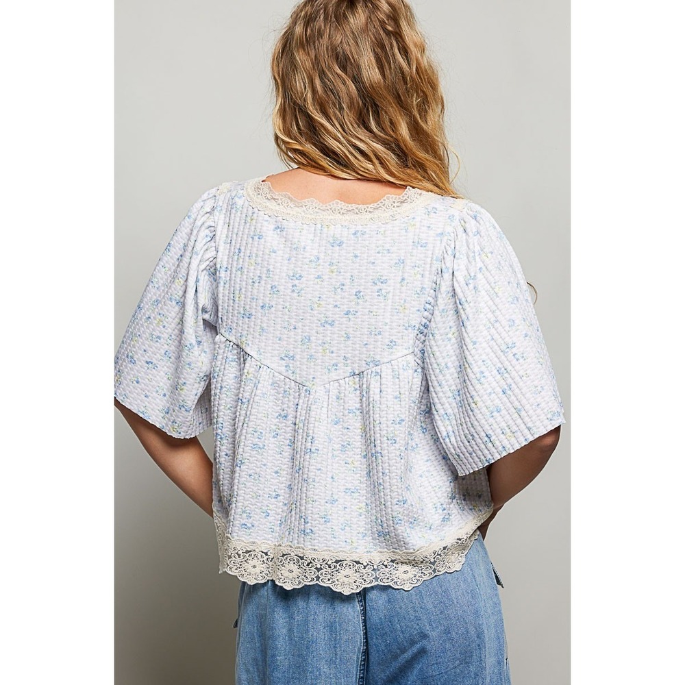POL Floral Print Lace Trim Blouse - Pale Blue - Large - Picture 3 of 6